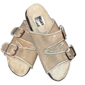 DV Dolce Vita Women's Bonita Fuzzy Fur Shimmer Slide Sandals Beige Size 7.5 NWOB